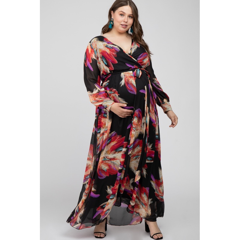 Black Feather Print Chiffon Maternity Plus Maxi Dress