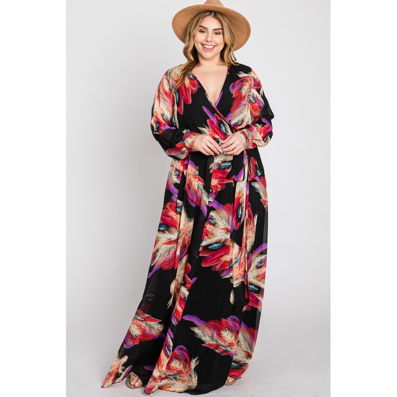 Black Feather Print Chiffon Plus Maxi Dress