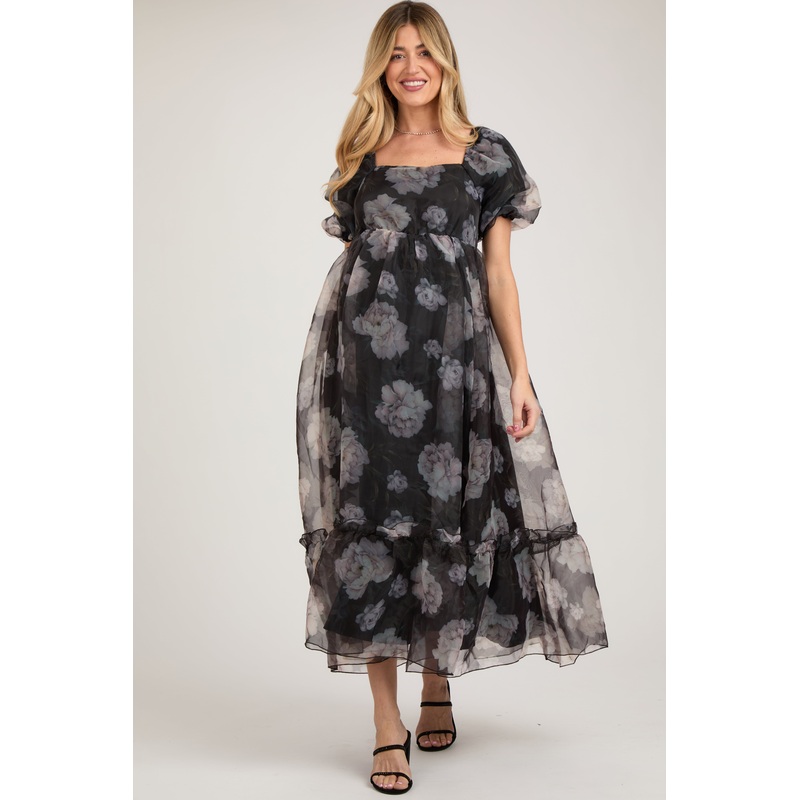 Black Floral Organza Square Neck Maternity Midi Dress