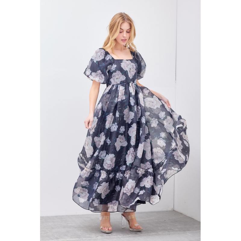 Black Floral Organza Square Neck Midi Dress