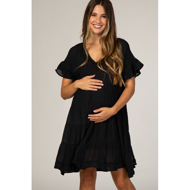 Black Tiered Maternity Babydoll Dress