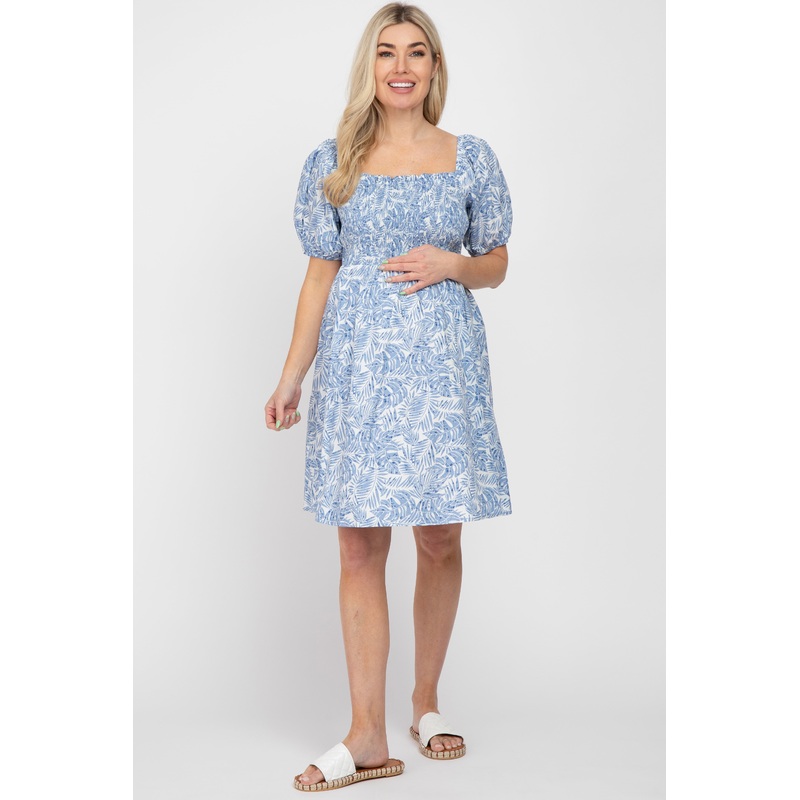 Blue Leaf Print Puff Sleeve Maternity Mini Dress