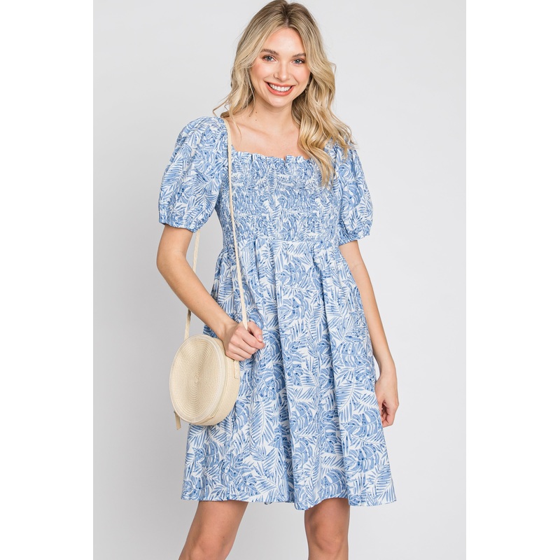 Blue Leaf Print Puff Sleeve Mini Dress