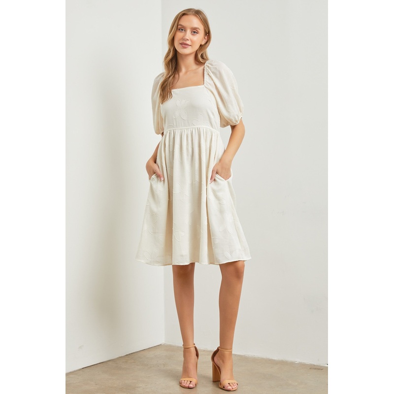 Cream Textured Floral Square Neck Puff Sleeve Dress