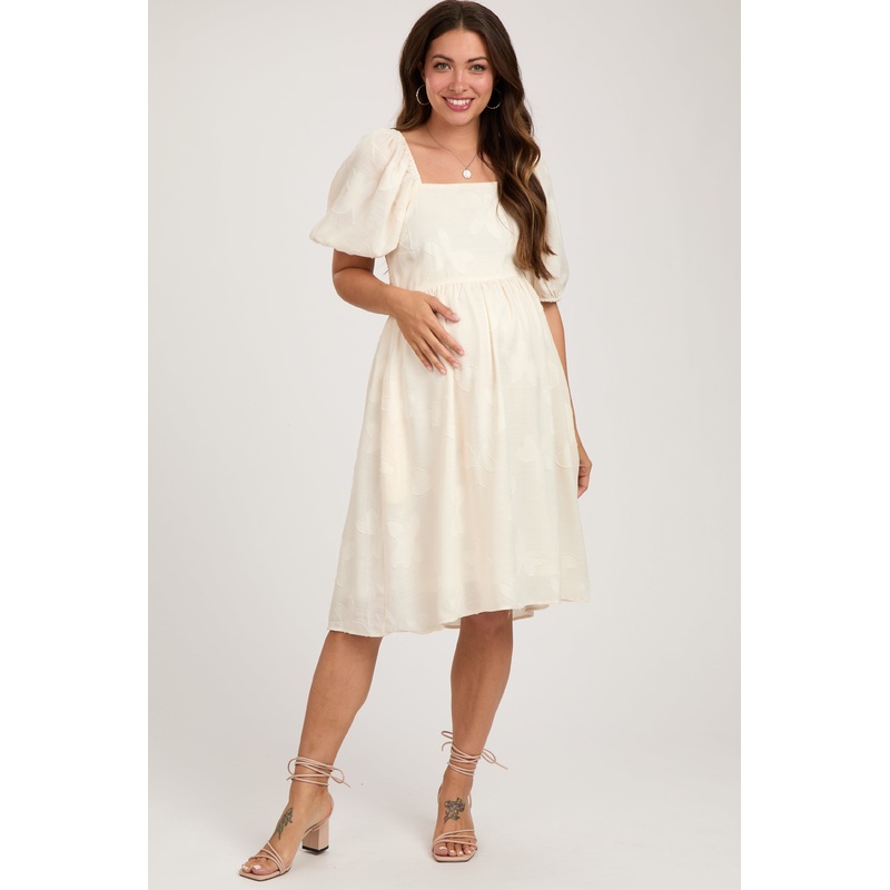 Cream Textured Floral Square Neck Puff Sleeve Maternity Dress