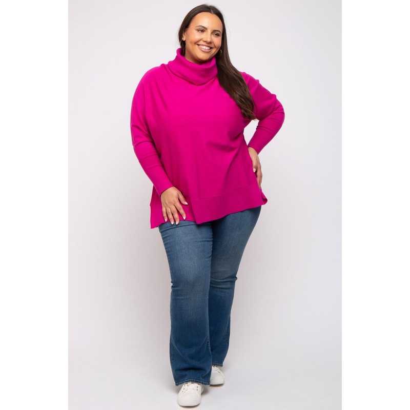Fuchsia Cowl Neck Dolman Sleeve Plus Sweater