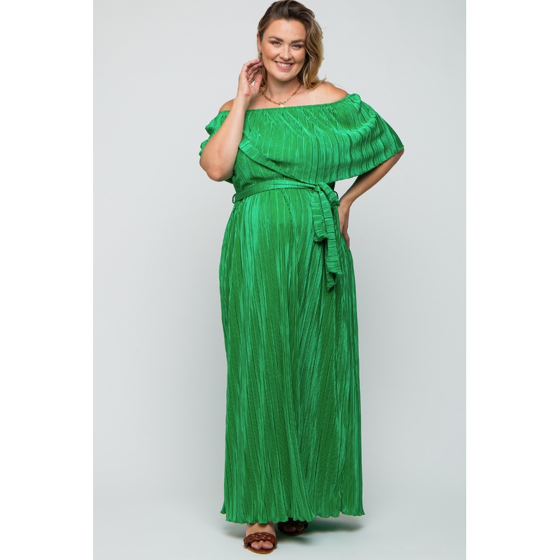 Green Plisse Off Shoulder Maternity Plus Maxi Dress