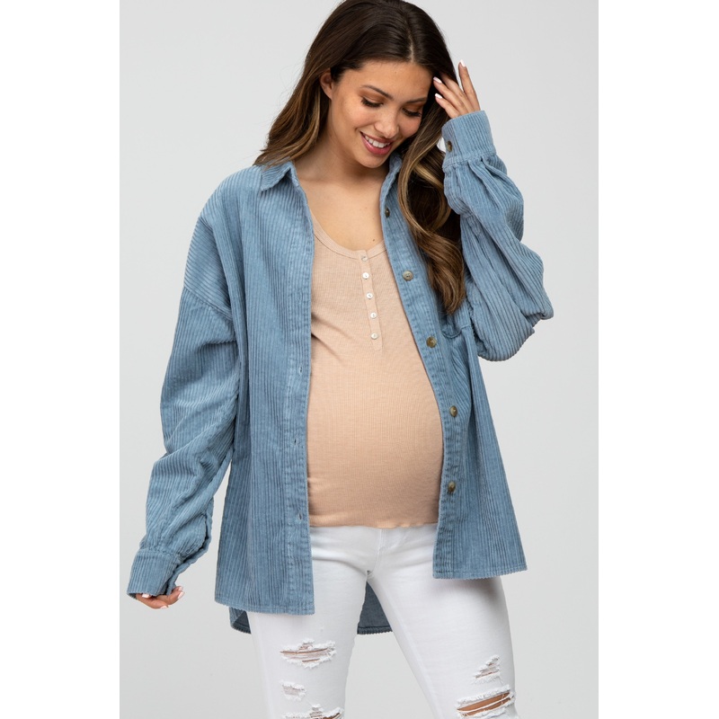 Light Blue Corduroy Maternity Shacket