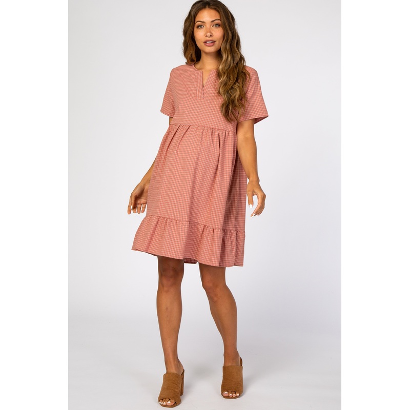 Mauve Grid Printed Ruffle Trim Maternity Dress