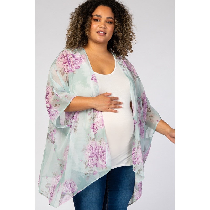 Mint Floral Chiffon Maternity Plus Cover Up