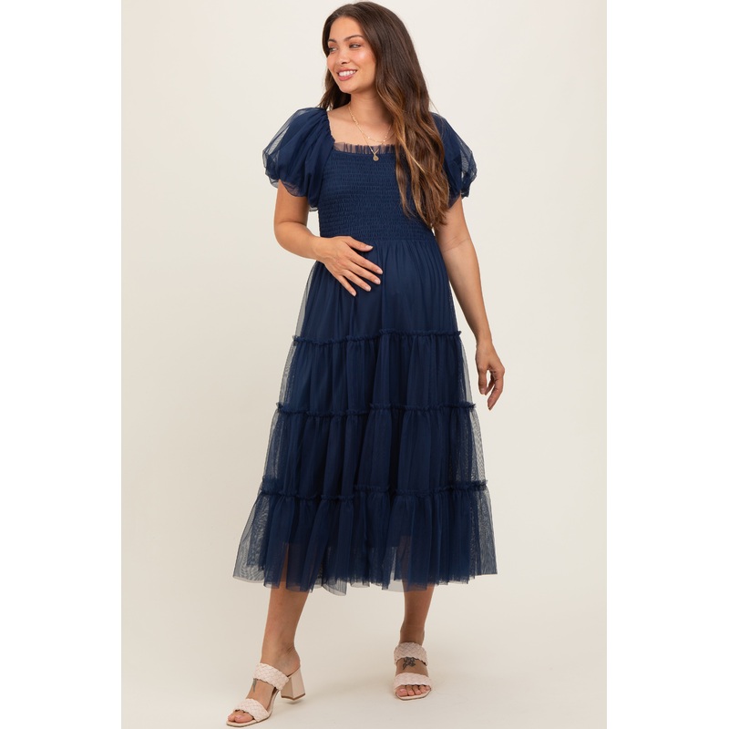 Navy Smocked Tiered Tulle Maternity Midi Dress