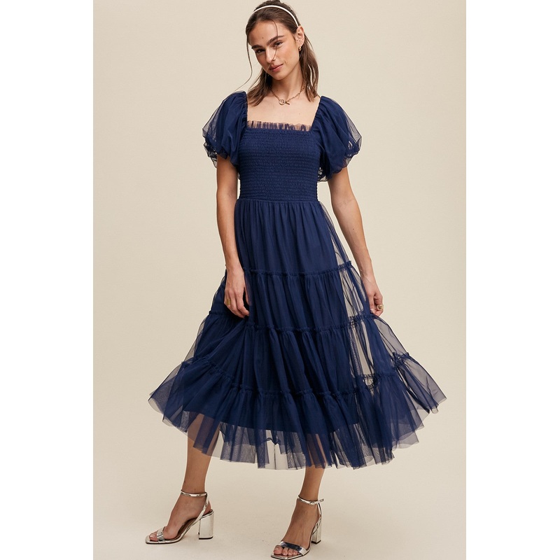 Navy Smocked Tiered Tulle Midi Dress