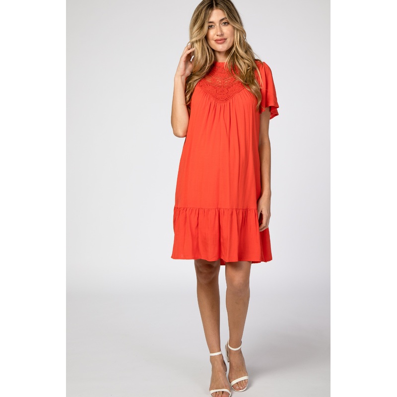 Orange Red Crochet Front Ruffle Hem Maternity Dress