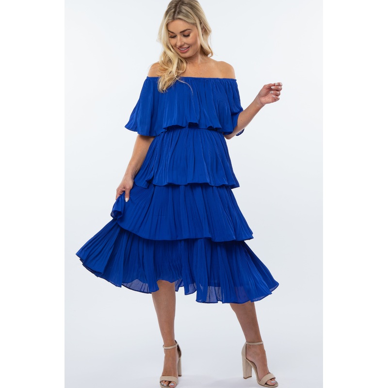 Royal Blue Pleated Tiered Off Shoulder Maternity Midi Dress