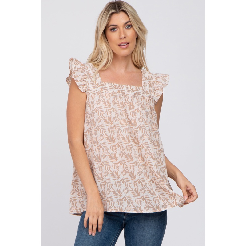 Taupe Leaf Print Ruffle Blouse