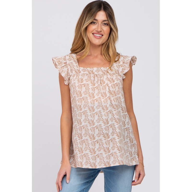Taupe Leaf Print Ruffle Maternity Blouse