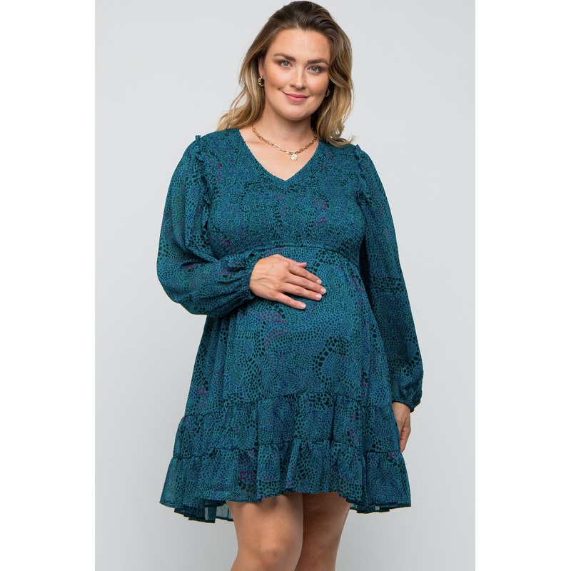 Teal Printed Smocked Long Sleeve Maternity Plus Dress