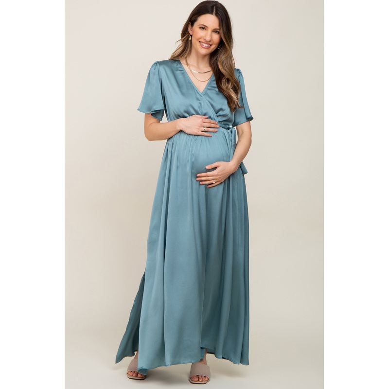 Teal Satin Wrap Front V-Neck Short Sleeve Side Slit Maternity Maxi Dress