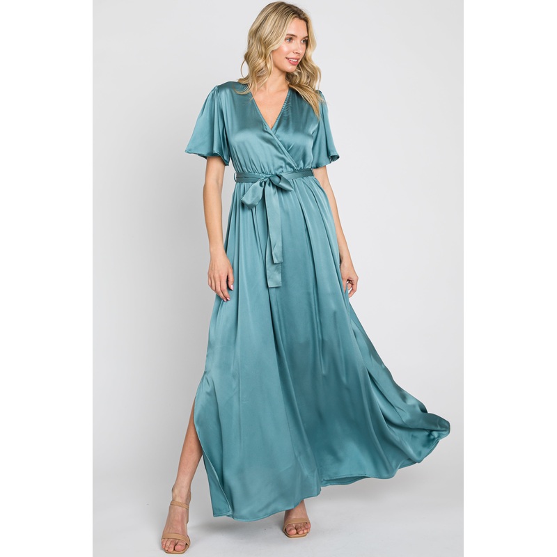 Teal Satin Wrap Front V-Neck Short Sleeve Side Slit Maxi Dress
