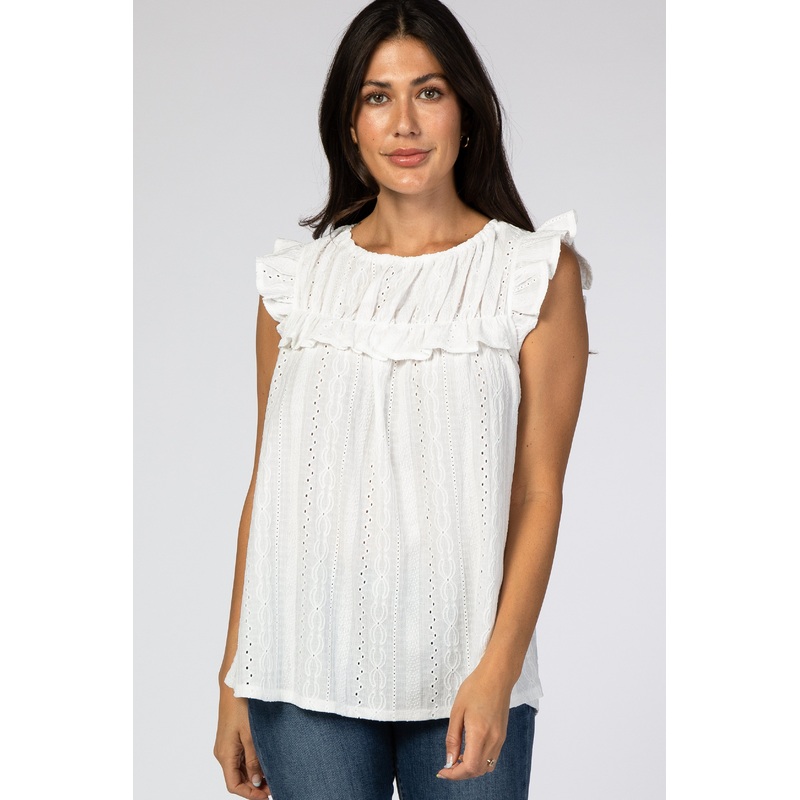 White Eyelet Lace Ruffle Trim Blouse
