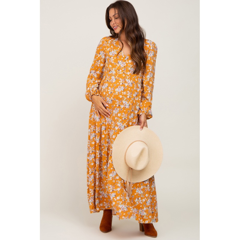 Yellow Floral Button Front Long Sleeve Maternity Maxi Dress