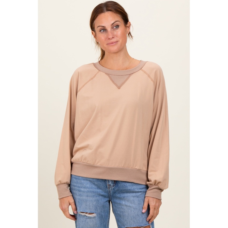 Beige French Terry Contrast Rib Long Sleeve Pullover