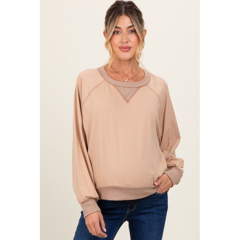 Beige French Terry Contrast Rib Maternity Long Sleeve Pullover