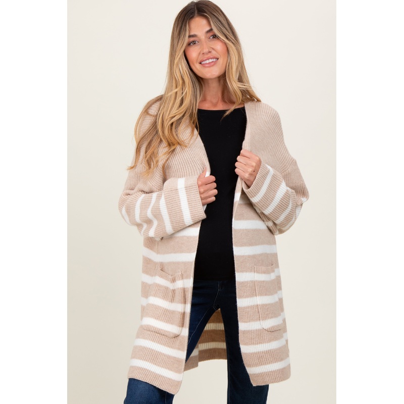 Beige Ivory Knit Striped Long Maternity Cardigan