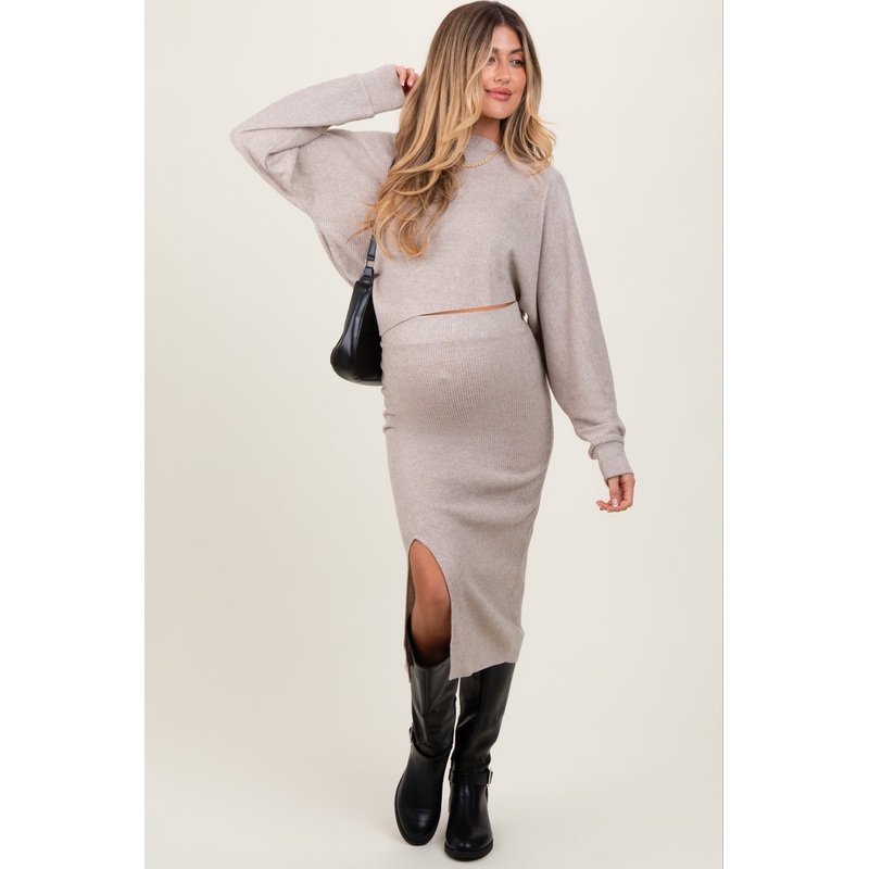 Beige Ribbed Knit Asymmetric Top Midi Skirt Maternity Set