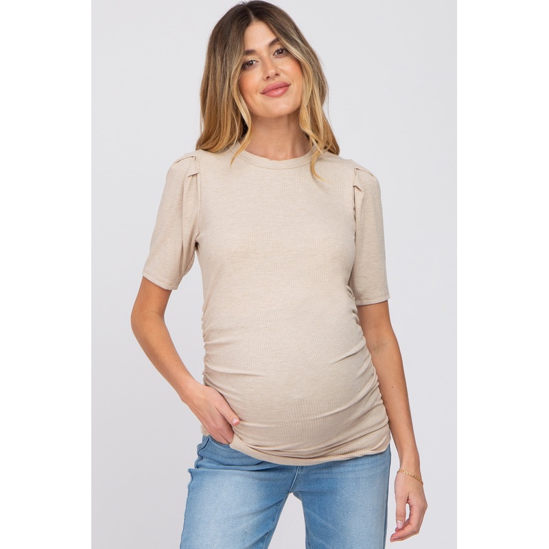 Beige Ribbed Puff Sleeve Ruched Maternity Top