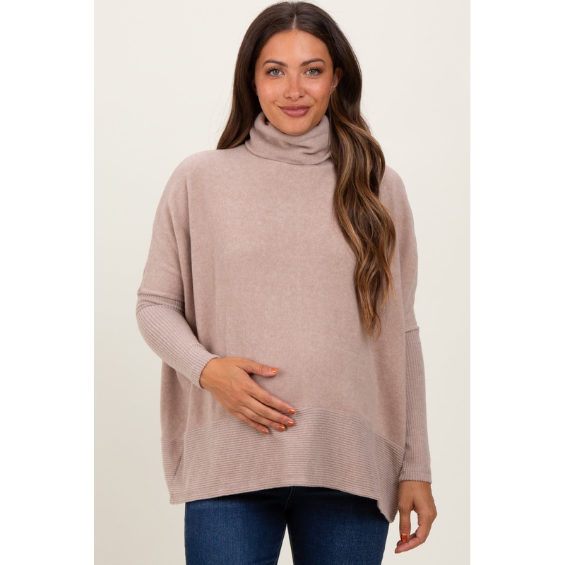 Beige Turtle Neck Brushed Heather Knit Maternity Sweater