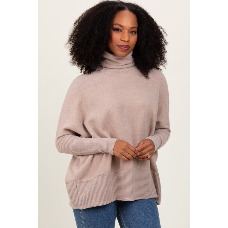 Beige Turtle Neck Brushed Heather Knit Sweater
