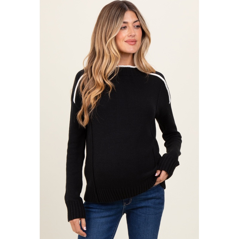 Black Mock Neck Contrast Piping Maternity Sweater