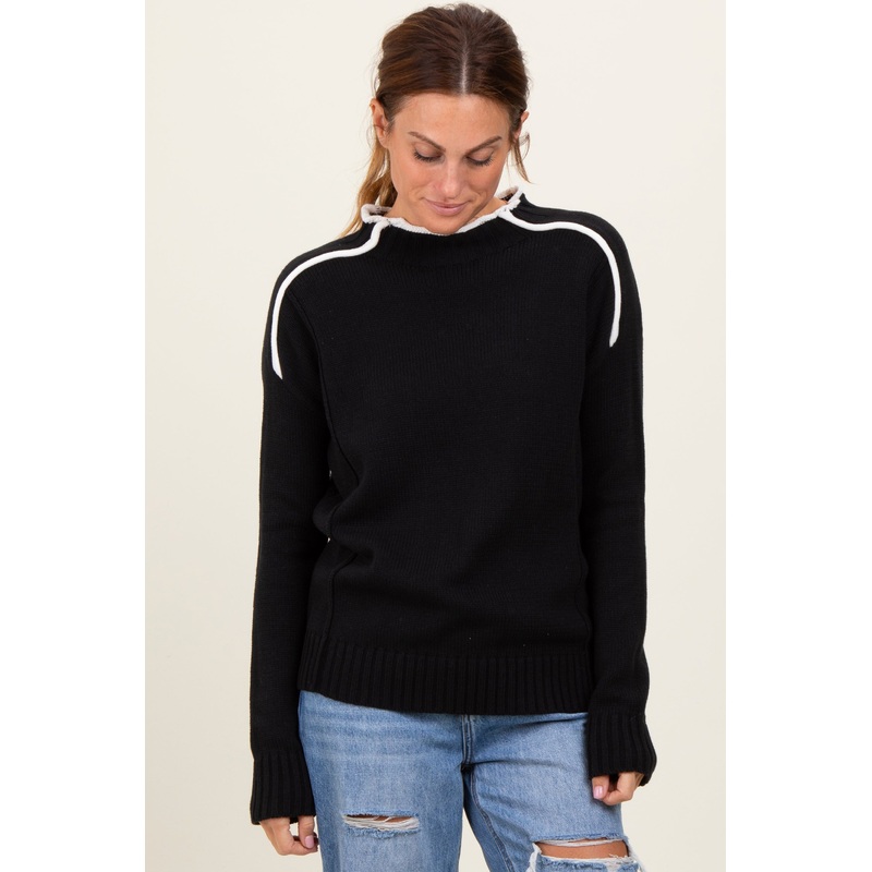 Black Mock Neck Contrast Piping Sweater