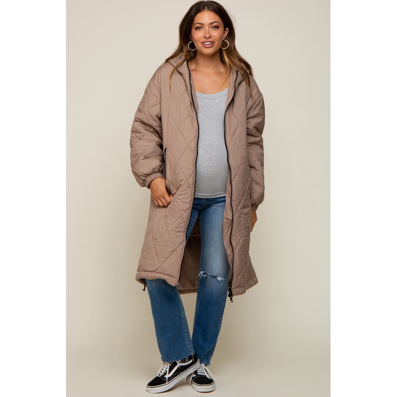 Light Taupe Quilted Long Maternity Puffer Jacket