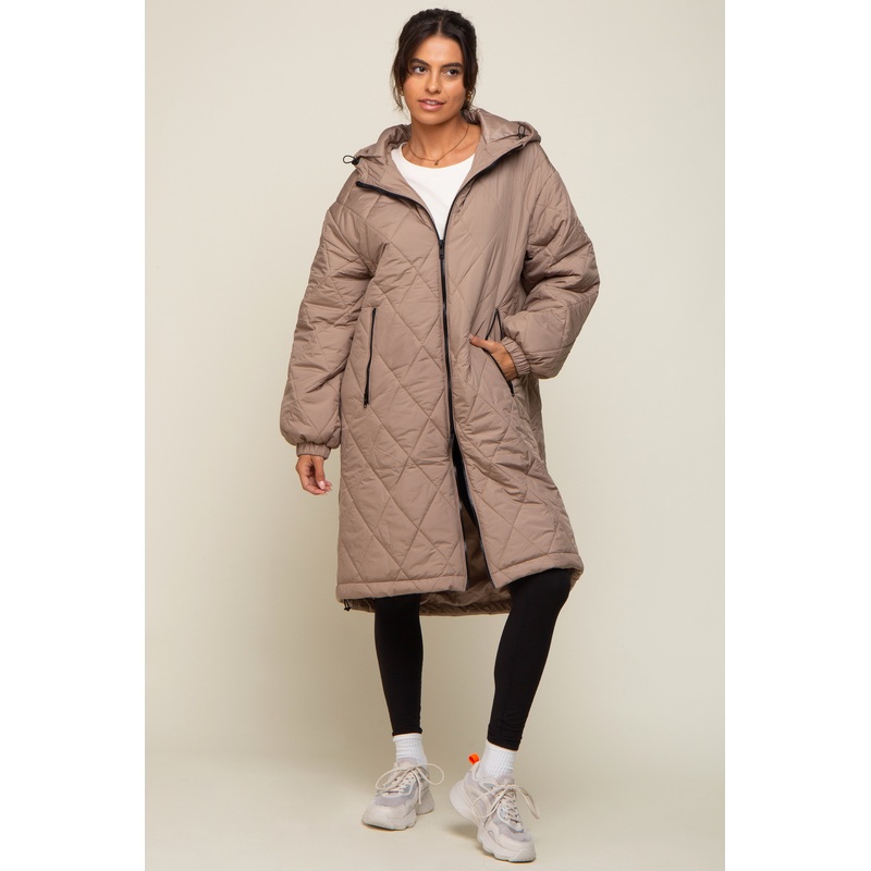Light Taupe Quilted Long Puffer Jacket