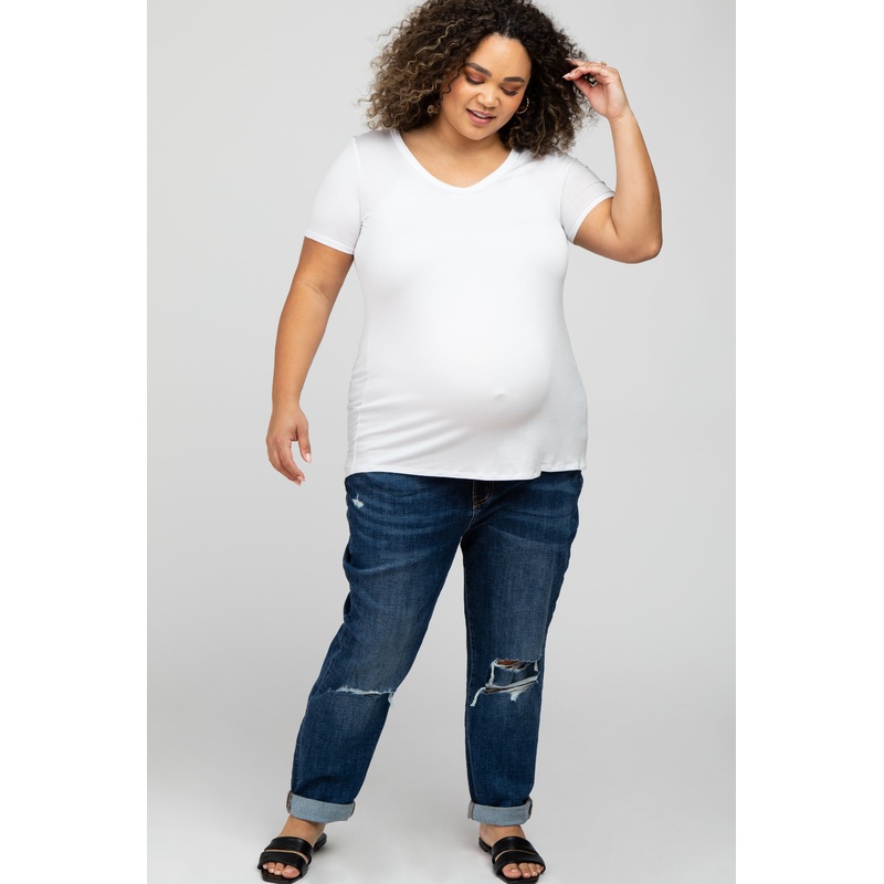 Navy Blue Ripped Knee Rolled Hem Maternity Plus Jeans