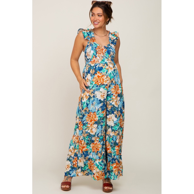 Navy Floral Smocked Ruffle Accent Maternity Jumpsuit