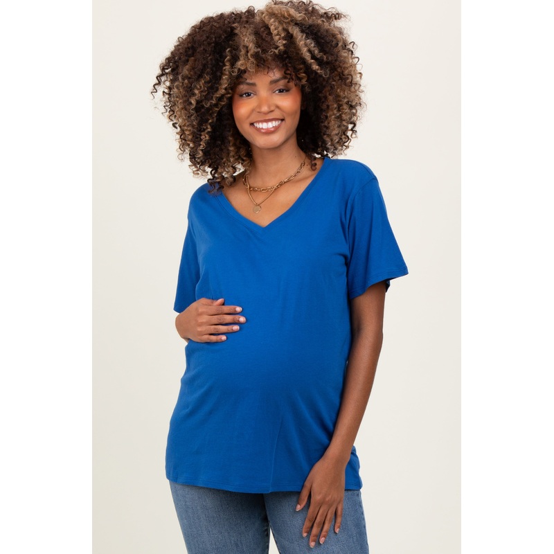Royal Blue Oversized V-Neck Short Sleeve Maternity Tee
