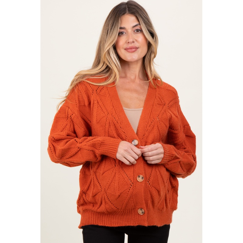 Rust Diamond Knit Button Up Maternity Sweater Cardigan