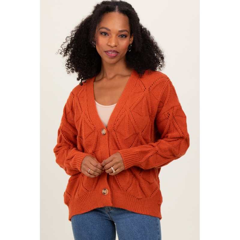Rust Diamond Knit Button Up Sweater Cardigan