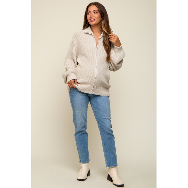 Taupe Oversized Zip Up Maternity Cardigan