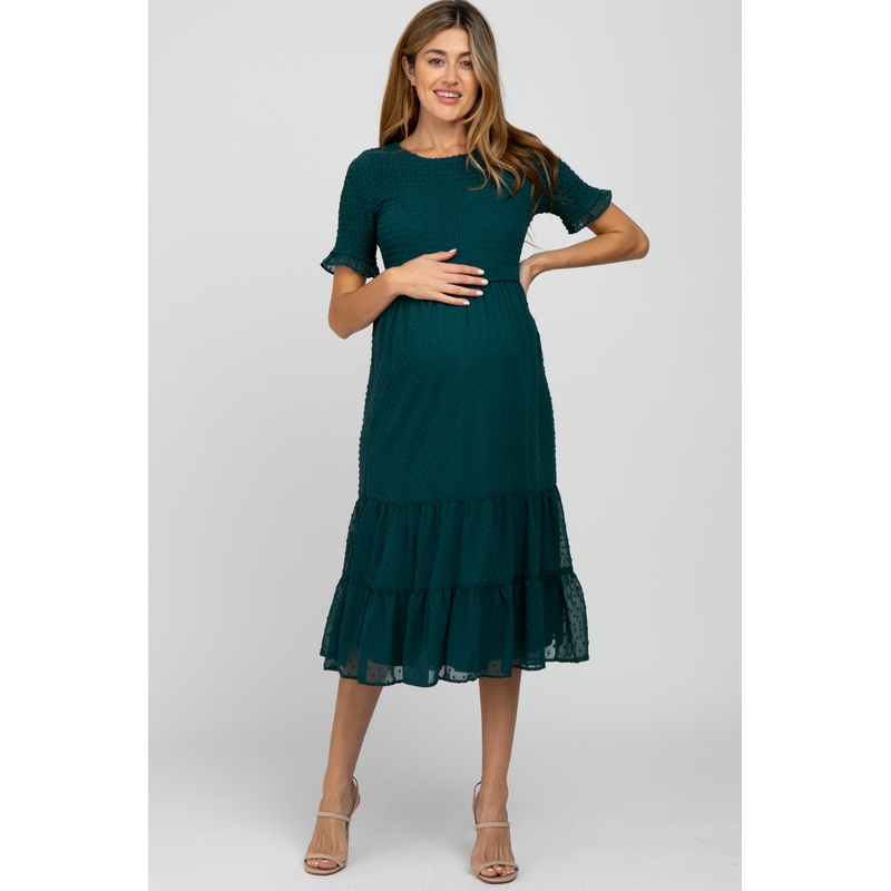 Teal Swiss Dot Smocked Maternity Midi Dress