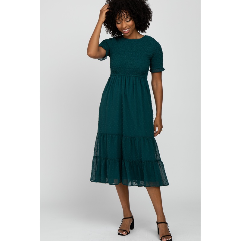 Teal Swiss Dot Smocked Midi Dress