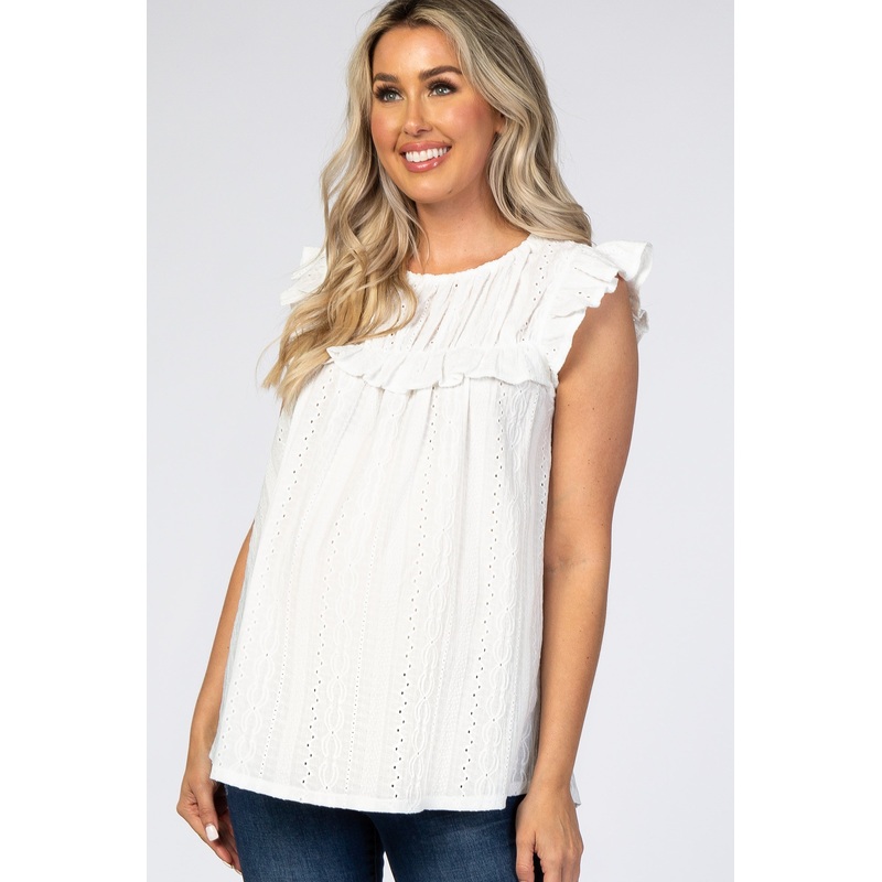 White Eyelet Lace Ruffle Trim Maternity Blouse