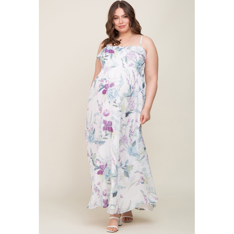 White Floral Sleeveless Ruffle Plus Maternity Maxi Dress