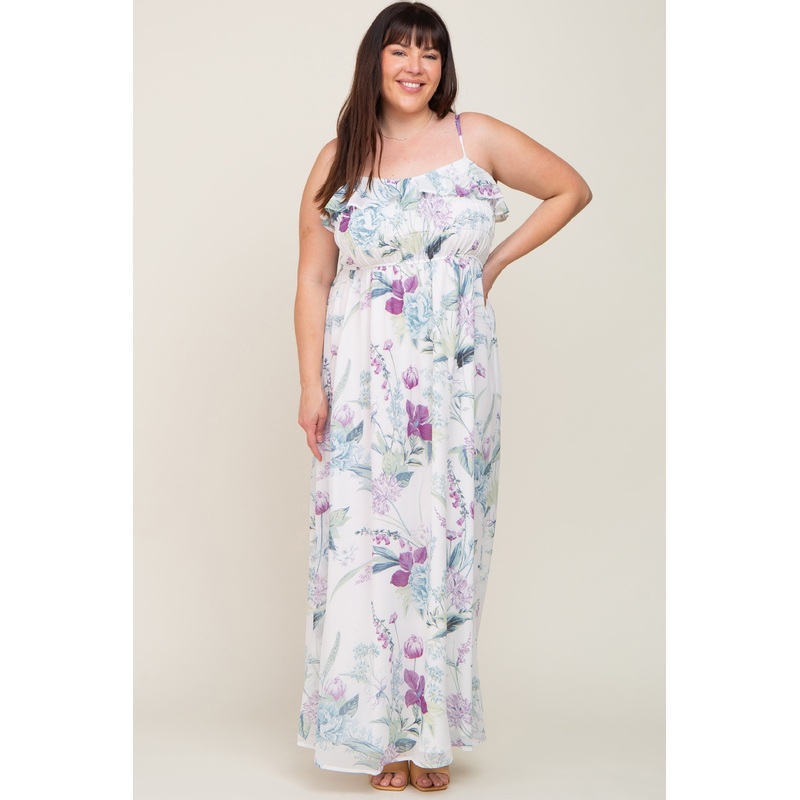 White Floral Sleeveless Ruffle Plus Maxi Dress