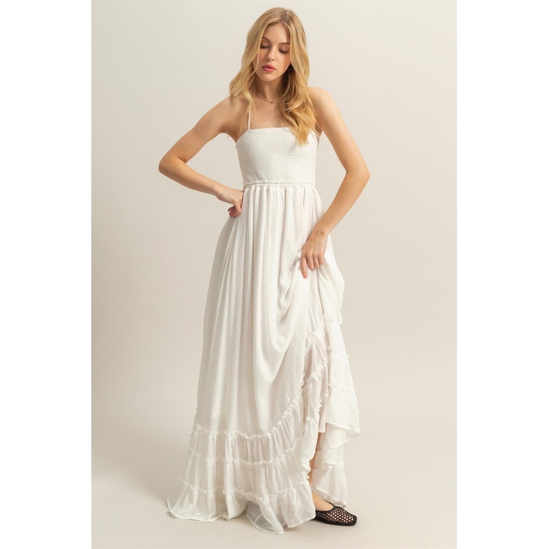 White Halter Neck Smocked Tiered Hem Maxi Dress