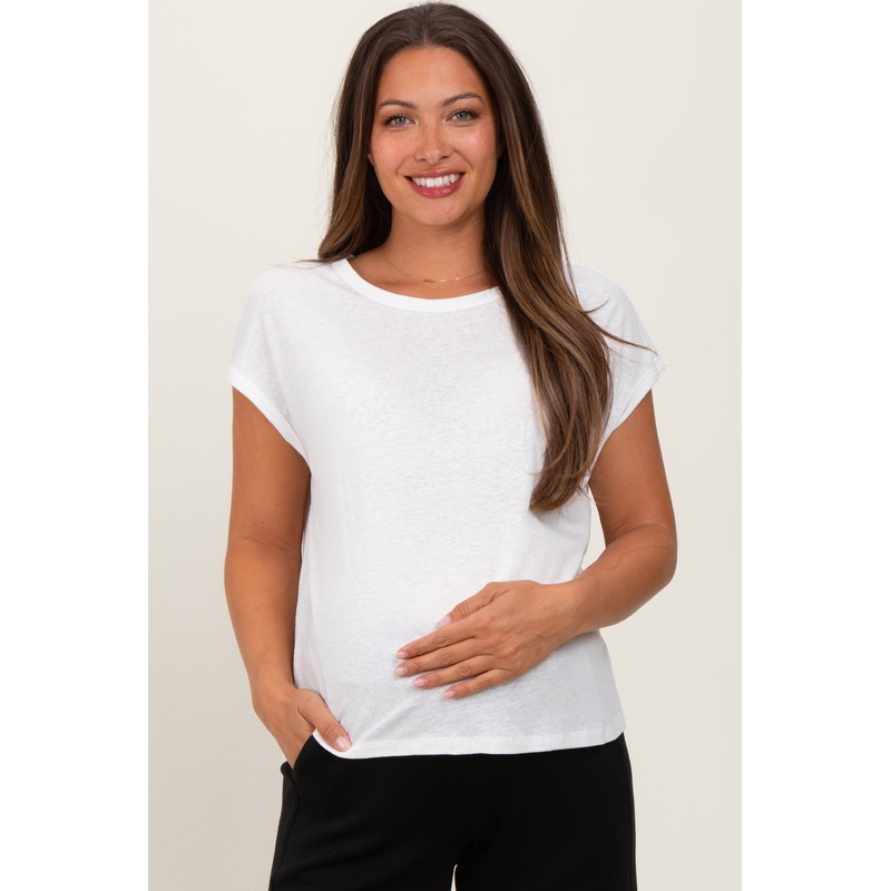 White Linen Blend Maternity Short Sleeve Tee