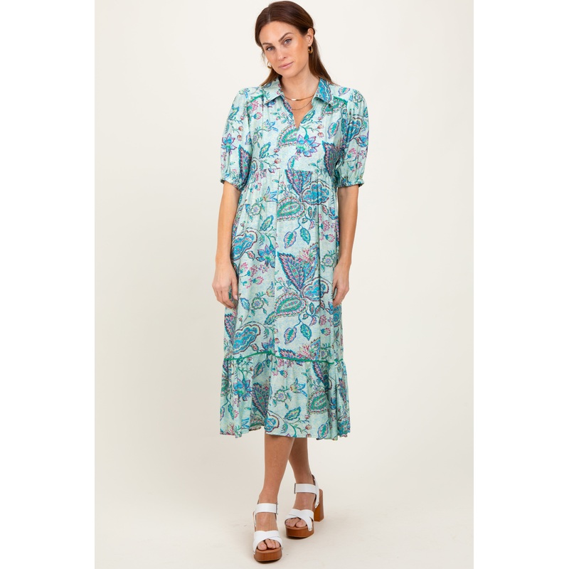 Aqua Paisley Collared Ruffle Hem Midi Dress
